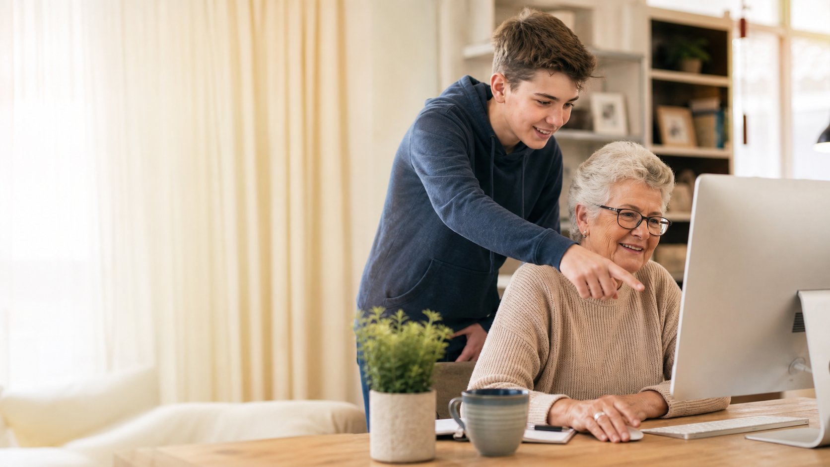 A teenager gently helping a grandparent at a desktop computer